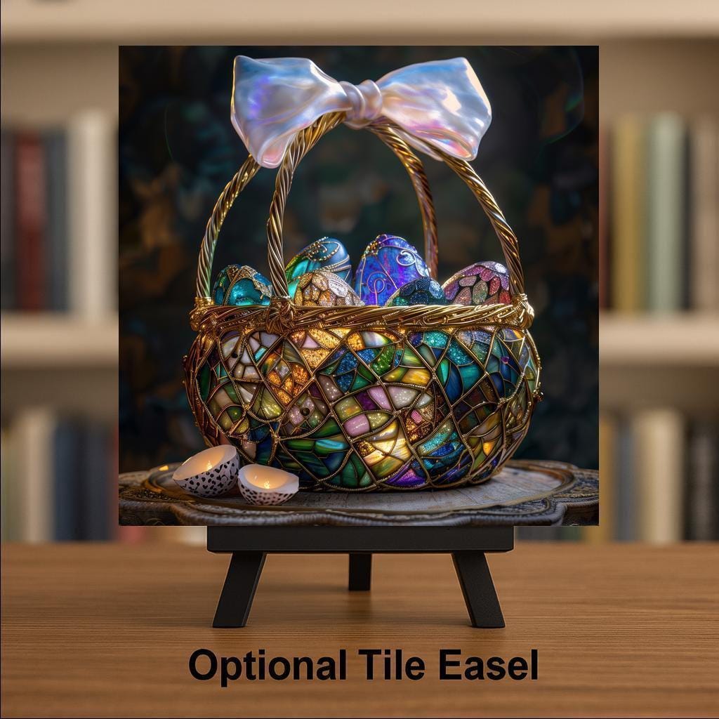 Easter Basket Wall Art Ceramic Tile Stained Glass Style Luxury Jewel Tone Spring Decor Christian Easter Gift Tile