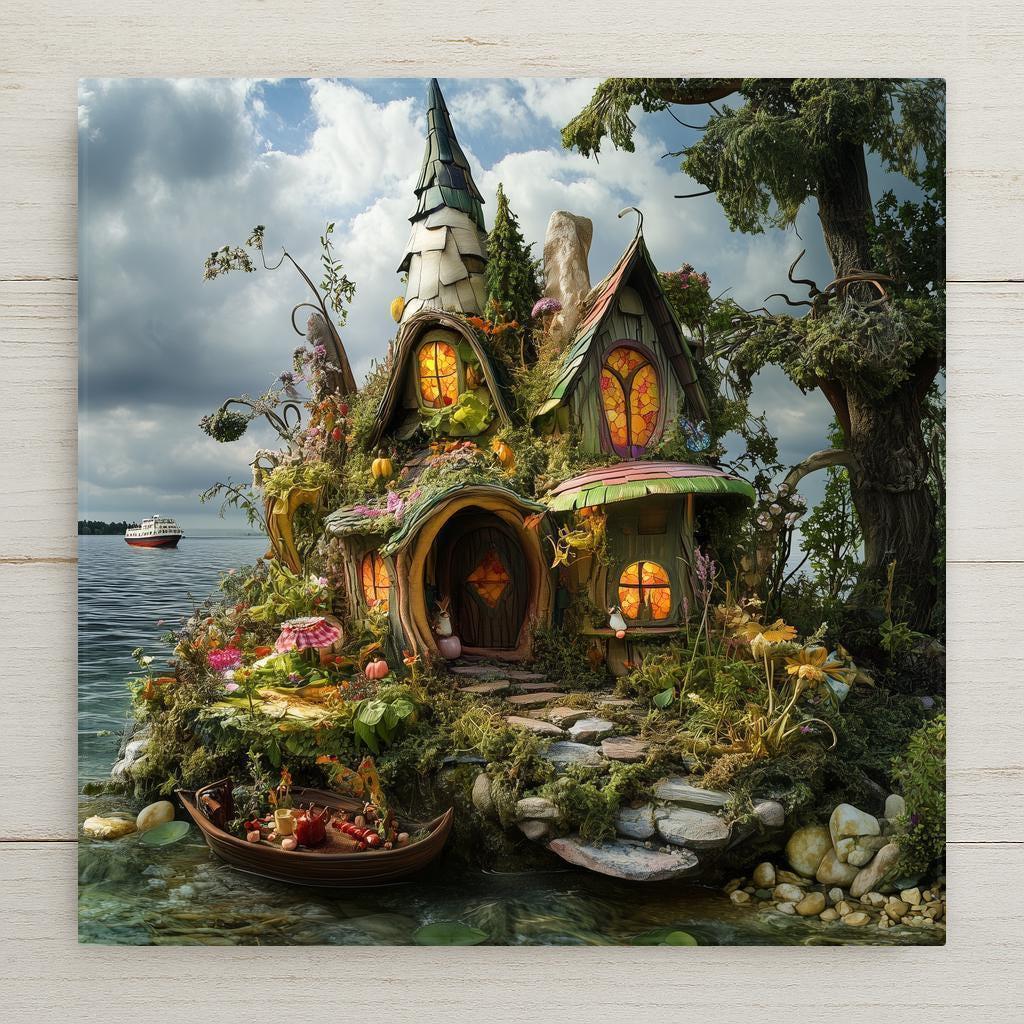 A whimsical ceramic tile featuring a glowing fairy house nestled by the lake, perfect for fairycore, cottagecore, and fantasy wall decor lovers.