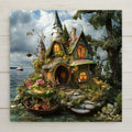 A whimsical ceramic tile featuring a glowing fairy house nestled by the lake, perfect for fairycore, cottagecore, and fantasy wall decor lovers.