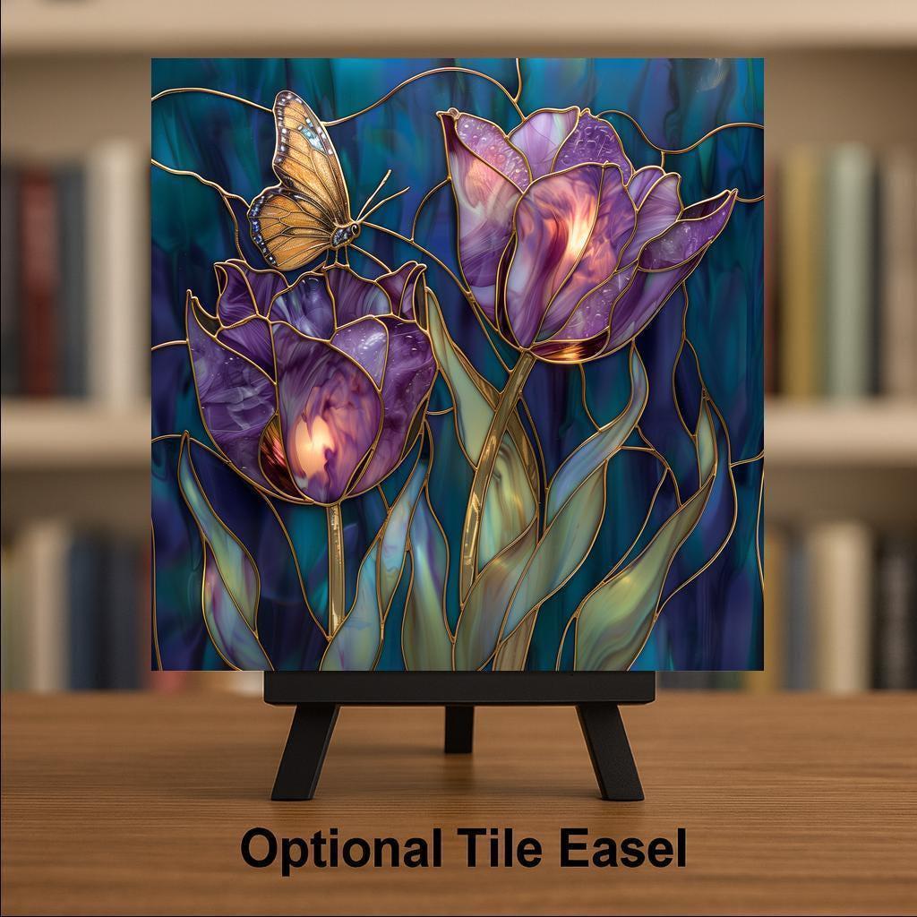Purple Tulip Wall Art Ceramic Tile Stained Glass Style Butterfly Floral Decor Violet Botanical Home Gift Tile