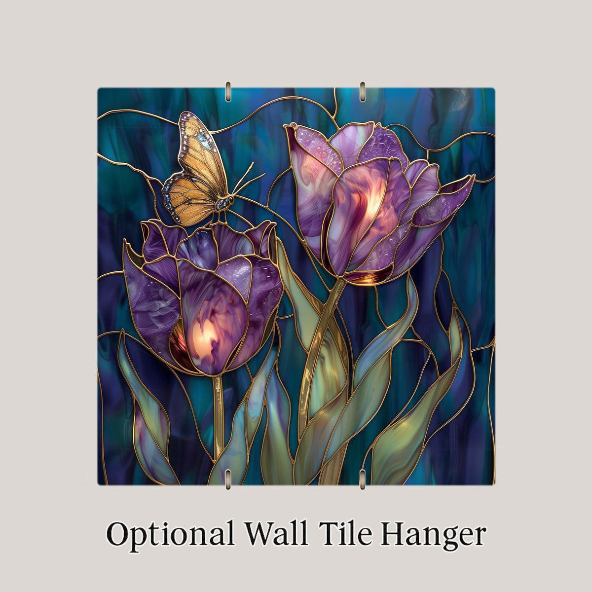 Purple Tulip Wall Art Ceramic Tile Stained Glass Style Butterfly Floral Decor Violet Botanical Home Gift Tile
