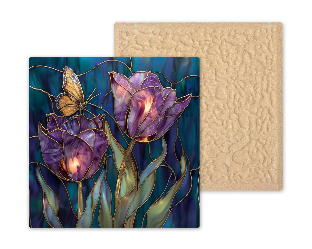 Purple Tulip Wall Art Ceramic Tile Stained Glass Style Butterfly Floral Decor Violet Botanical Home Gift Tile