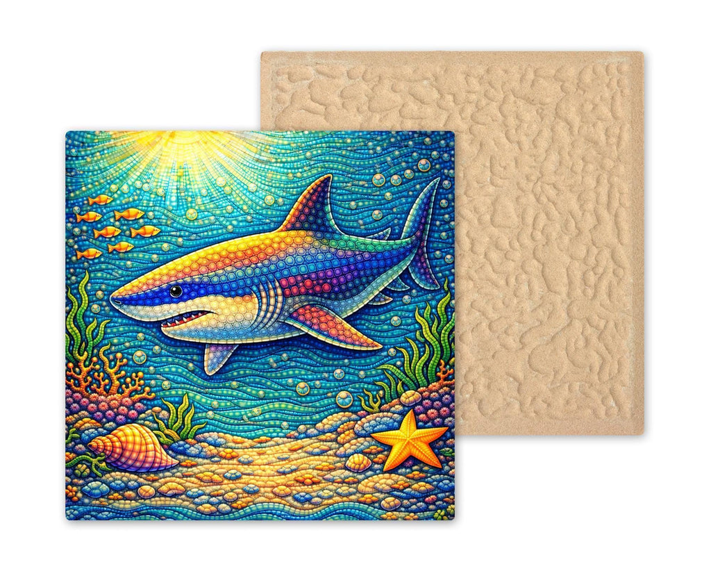 Whimsical Shark Ceramic Tile Wall Art – Ocean Nursery Decor, Coastal Baby Shower Gift, Colorful Sea Life Home Decor