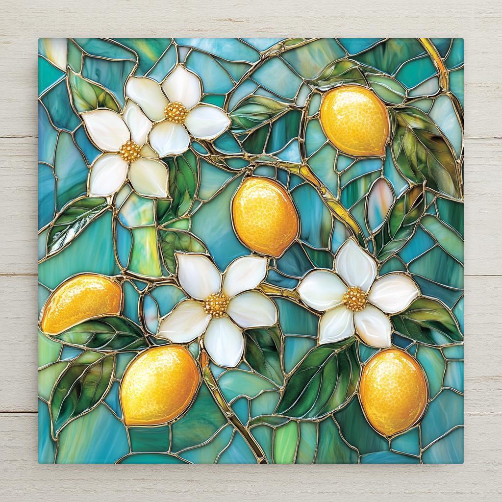 Stained glass style lemon ceramic tile showing glossy yellow lemons and white blossoms with green leaves on a teal glass background with leading, citrus kitchen wall art