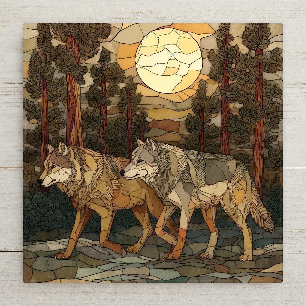 Stained glass-style wolf pair ceramic tile wall art showing two wolves walking together through a forest beneath a glowing moon. A permanent high-resolution ceramic print designed to resemble stained glass, not made of glass or mosaic. Ideal for couple wall decor, woodland home decor, or a meaningful nature-inspired gift. Optional wall hanger, easel stand, cork backing, and premium frame available.