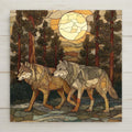 Stained glass-style wolf pair ceramic tile wall art showing two wolves walking together through a forest beneath a glowing moon. A permanent high-resolution ceramic print designed to resemble stained glass, not made of glass or mosaic. Ideal for couple wall decor, woodland home decor, or a meaningful nature-inspired gift. Optional wall hanger, easel stand, cork backing, and premium frame available.