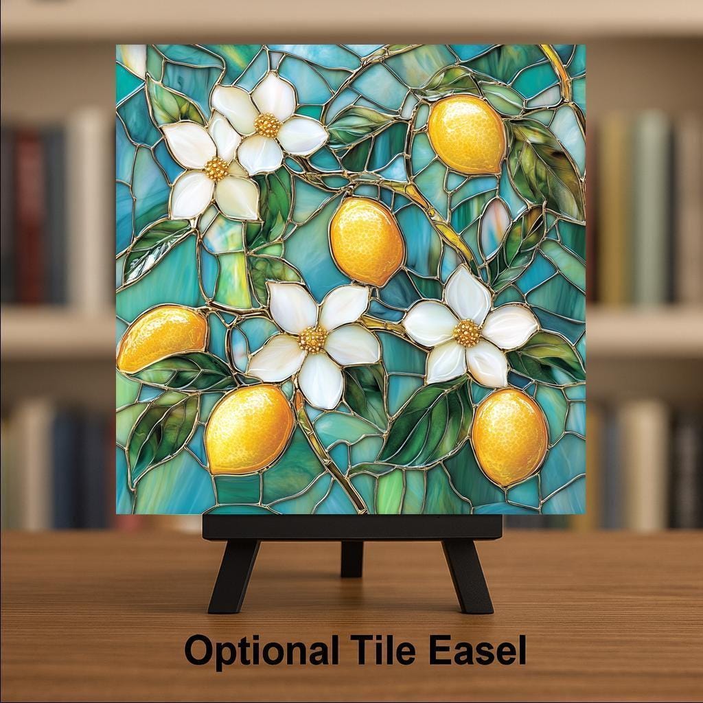 Lemon Wall Art Ceramic Tile Stained Glass Style Kitchen Decor Lemon Blossom Citrus Tile Teal Botanical Nature Art