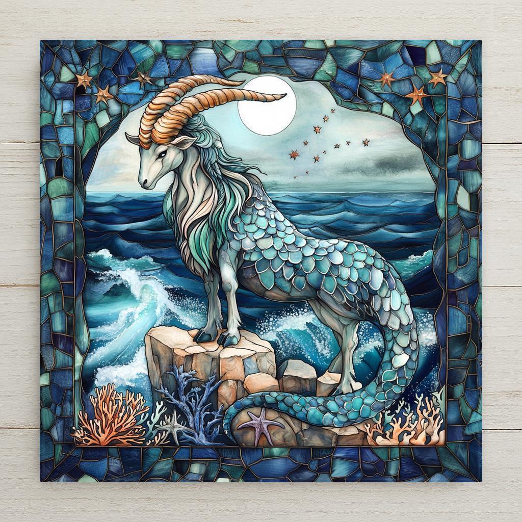 This stained glass-style Capricorn tile features a majestic sea goat on ocean cliffs beneath a moon and stars. A powerful zodiac gift and decor piece.