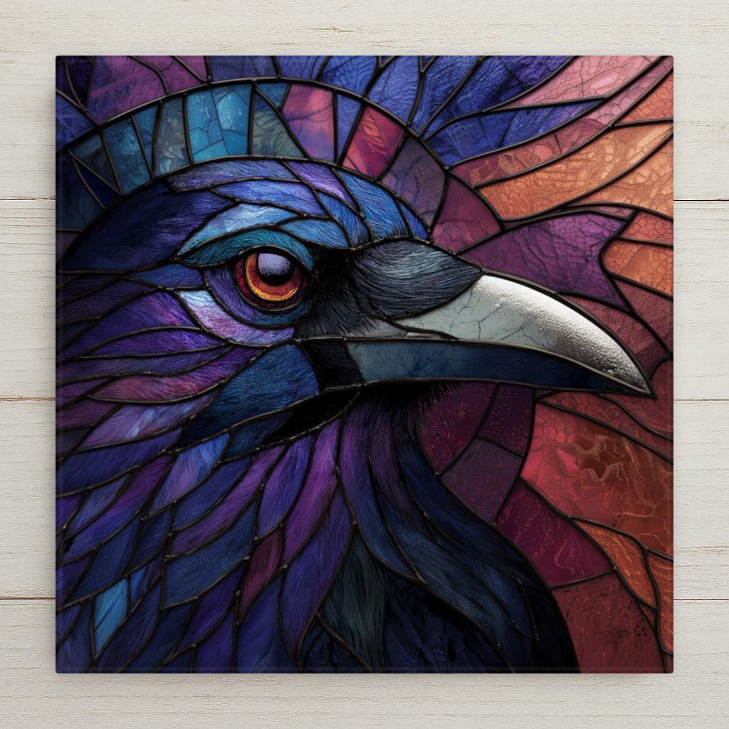 Stained glass crow wall art featuring a raven head in jewel tones of blue, purple, and red. Printed on durable ceramic tile with vivid, lasting color. Display options include cork backing, tile wall hanger, easel stand, or a premium frame that works for both wall and table display. A bold gothic decor piece for bird lovers and art enthusiasts.