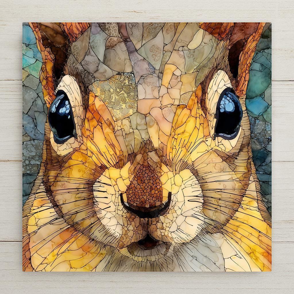 Close-up squirrel ceramic tile artwork in a stained glass style, featuring warm golden tones, detailed fur textures, and expressive eyes. A woodland wildlife design with mosaic-inspired linework, perfect for animal lovers and nature-themed home decor.