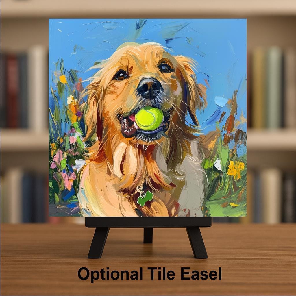 Golden Retriever Wall Art Ceramic Tile – Let’s Play Fetch – Golden Retriever Gift – Dog Lover Wall Decor – Golden Retriever Decor