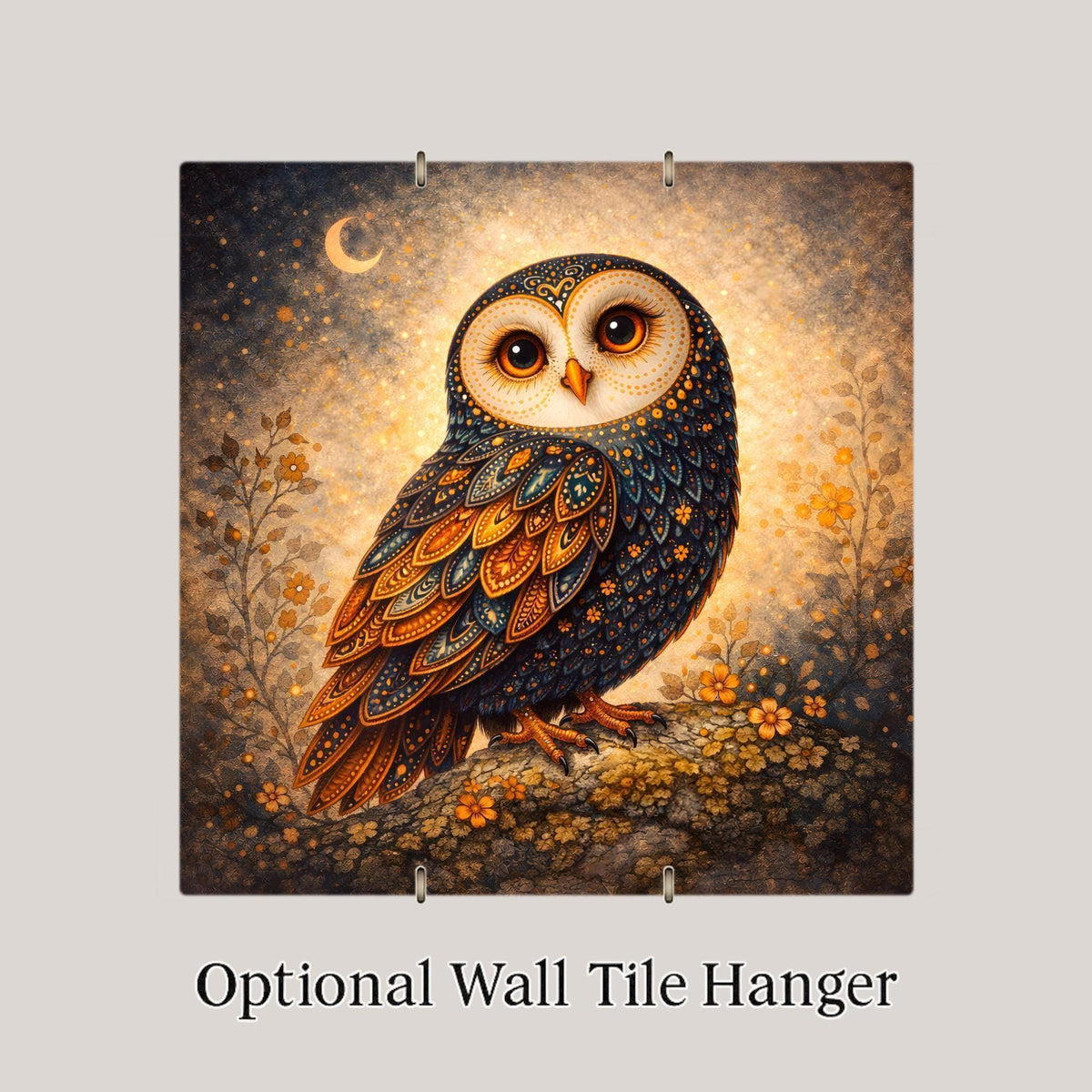 Boho Owl Ceramic Art Tile – Celestial Woodland Wall Decor, Whimsical Nursery Accent