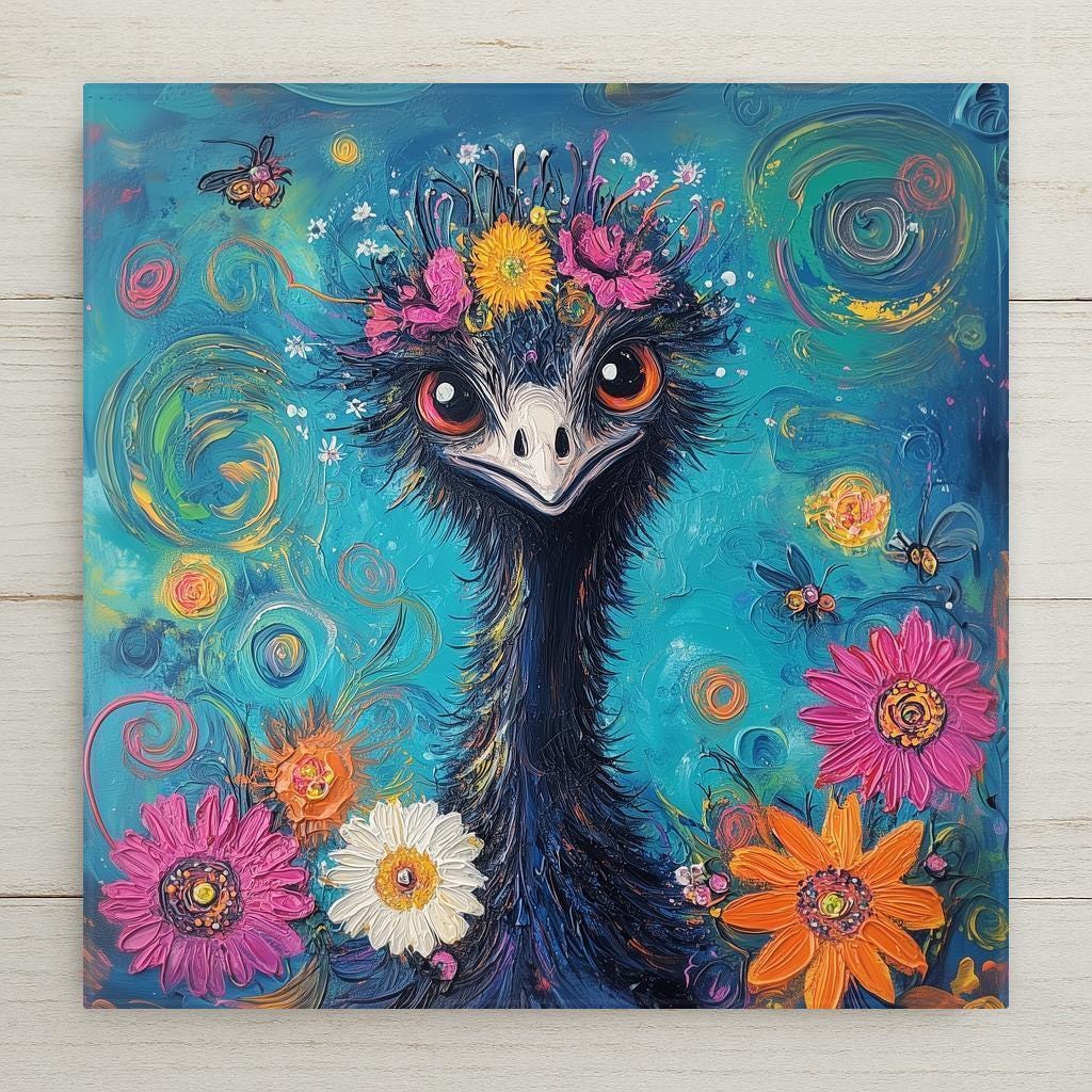 This vibrant emu ceramic tile features a flower-crowned bird in a swirling floral world. Perfect for colorful walls, gifts, or quirky home décor!