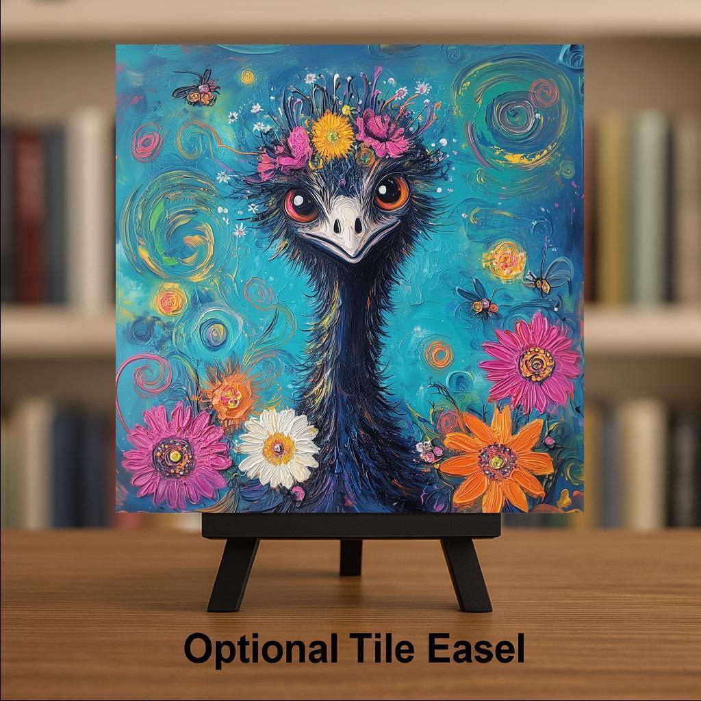 Emu Ceramic Tile Wall Art Funny Quirky Bird Portrait Novelty Animal Decor Colorful Bird Lover Home Art