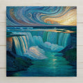 Niagara Falls stained glass-style ceramic tile wall art captures the beauty of cascading waters and swirling skies. Perfect nature wall art and home decor accent. Includes optional tile wall hanger, easel stand, cork backing, or premium frame for wall or tabletop display. (Printed artwork — not real stained glass or mosaic.)
