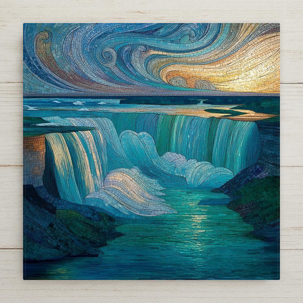 Niagara Falls stained glass-style ceramic tile wall art captures the beauty of cascading waters and swirling skies. Perfect nature wall art and home decor accent. Includes optional tile wall hanger, easel stand, cork backing, or premium frame for wall or tabletop display. (Printed artwork — not real stained glass or mosaic.)