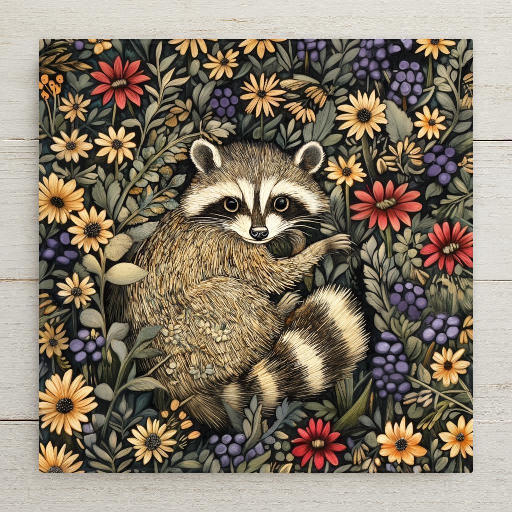 Charming raccoon ceramic tile with Art Nouveau floral design. Use as wall decor, trivet, or coaster. Tile stand, wall hanger, and cork backing available.
