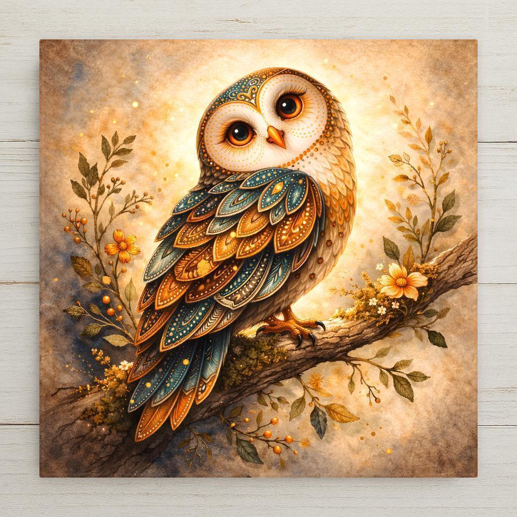 Owl wall art ceramic tile featuring a detailed woodland owl perched on a branch with floral accents. Stained glass style design with teal and amber feathers, warm golden background, and rustic botanical elements. Bird home decor for cottagecore, farmhouse, and woodland themed interiors.