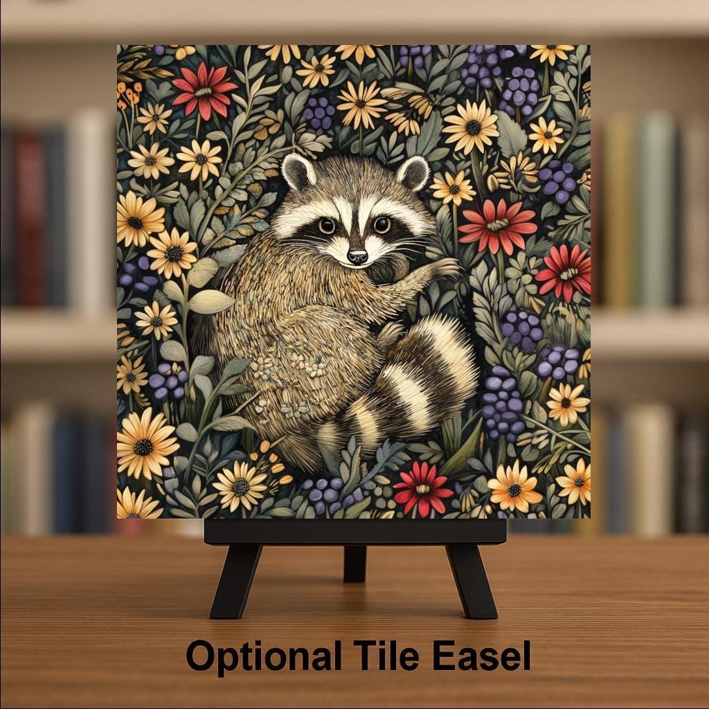 Raccoon Wall Art Ceramic Tile William Morris Gift Art Nouveau Woodland Decor Raccoon Lover Botanical Nature Art