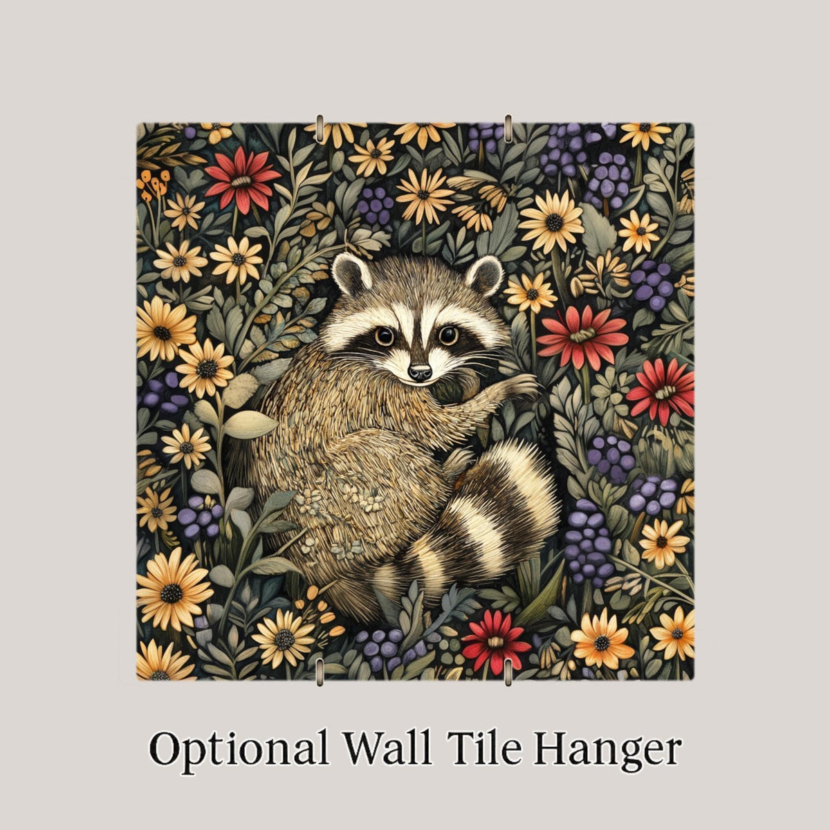 Raccoon Wall Art Ceramic Tile William Morris Gift Art Nouveau Woodland Decor Raccoon Lover Botanical Nature Art