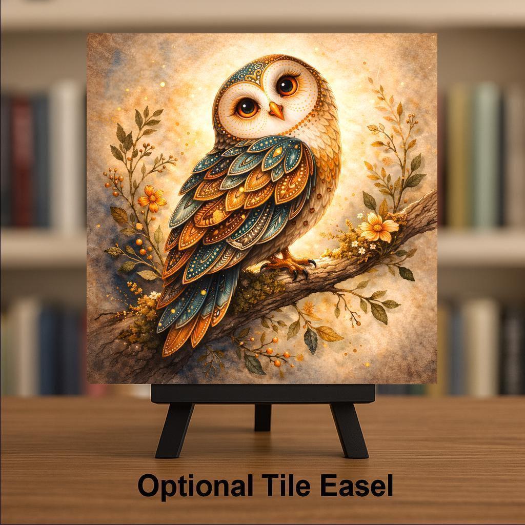 Owl Wall Art Ceramic Tile – Woodland Bird Home Decor, Stained Glass Style Rustic Wall Decor Gift