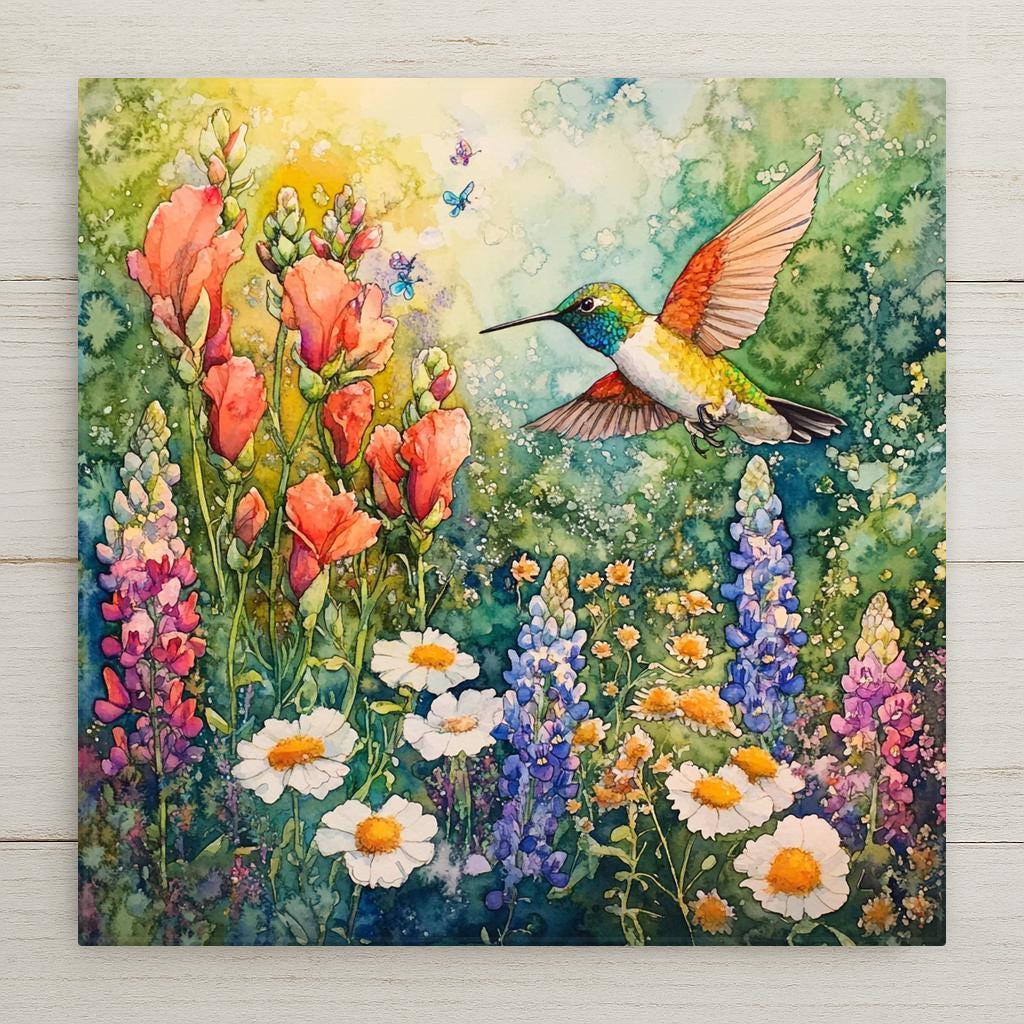 Hummingbird and wildflowers ceramic tile in vibrant watercolor style. Glossy ceramic finish, perfect for nature lovers, spring decor, or garden-inspired wall art. Features daisies, snapdragons, and a colorful hummingbird in flight. A bright, cheerful gift.