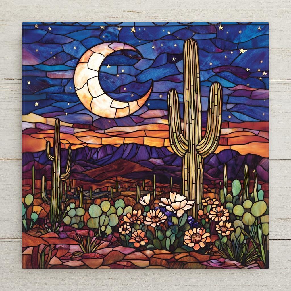 Moonlit desert ceramic tile with glowing crescent moon, vibrant cacti, and colorful wildflowers in stained glass style. A bold, Southwest-inspired wall art piece perfect for rustic homes or handmade gift giving.
