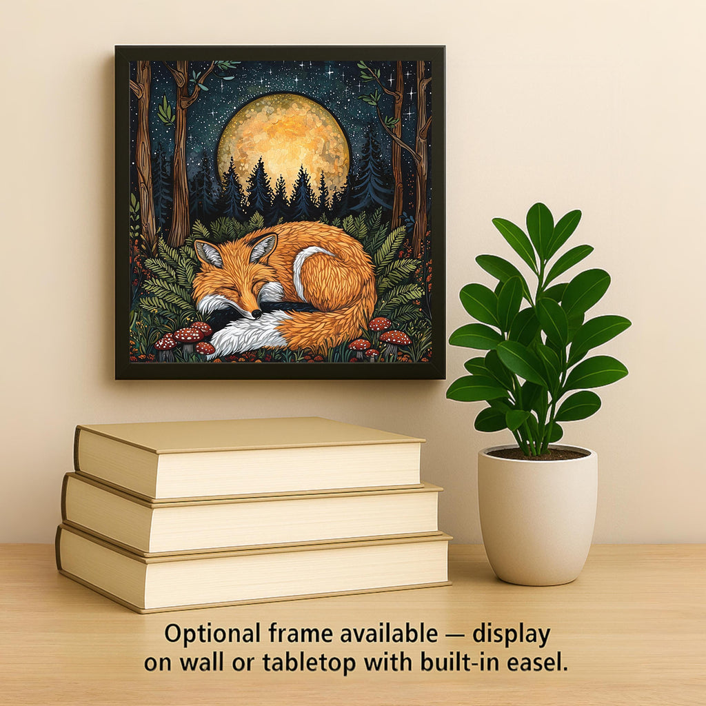 A cozy sleeping fox nestled in ferns under a glowing full moon. This folk art-inspired ceramic tile blends woodland charm and serene forest vibes. Perfect gift for fox lovers, moon watchers, or fans of folk and nature art. Use as unique wall decor or pair with a tile stand. Optional tile wall hanger or stand available.