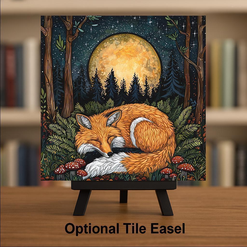 Woodland Fox Wall Art Tile Ceramic Moonlit Forest Scene Wall Decor