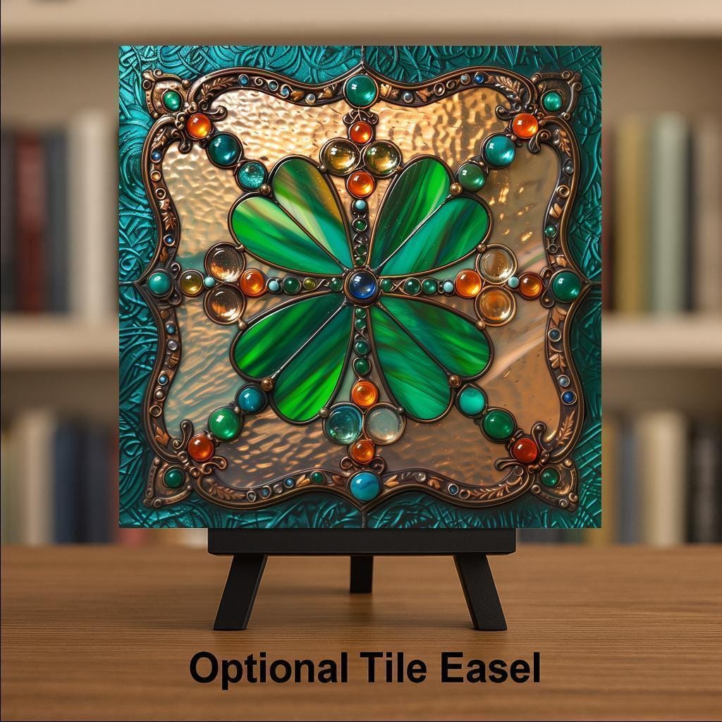 Emerald Shamrock Ceramic Art Tile – Irish Heritage Gift, Four Leaf Clover, Celtic Art, St Patricks Lucky Gift