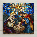 A Christmas nativity scene rendered in vibrant stained-glass-style art on a ceramic tile, the Holy Family gathered in warm jewel tones beneath a guiding star.