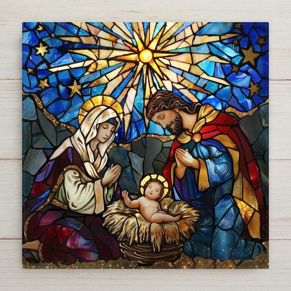 A Christmas nativity scene rendered in vibrant stained-glass-style art on a ceramic tile, the Holy Family gathered in warm jewel tones beneath a guiding star.