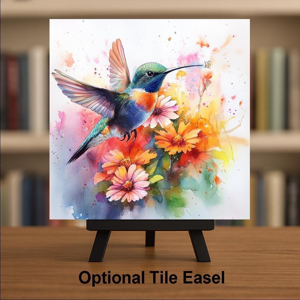 Hummingbird Ceramic Art Tile – Watercolor Floral Wall Decor, Garden Bird Nature Lover Gift