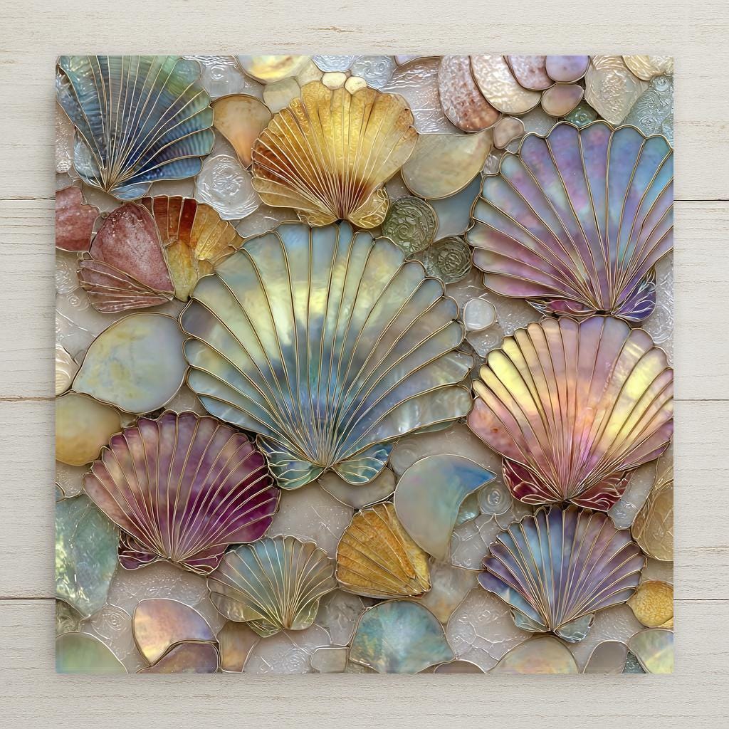 May include: A mosaic of colorful seashells in shades of blue, gold, pink, and purple. The shells are arranged on a textured, off-white background, creating a decorative pattern. The shells vary in size and shape, with some appearing iridescent. The overall effect is a vibrant and artistic display.