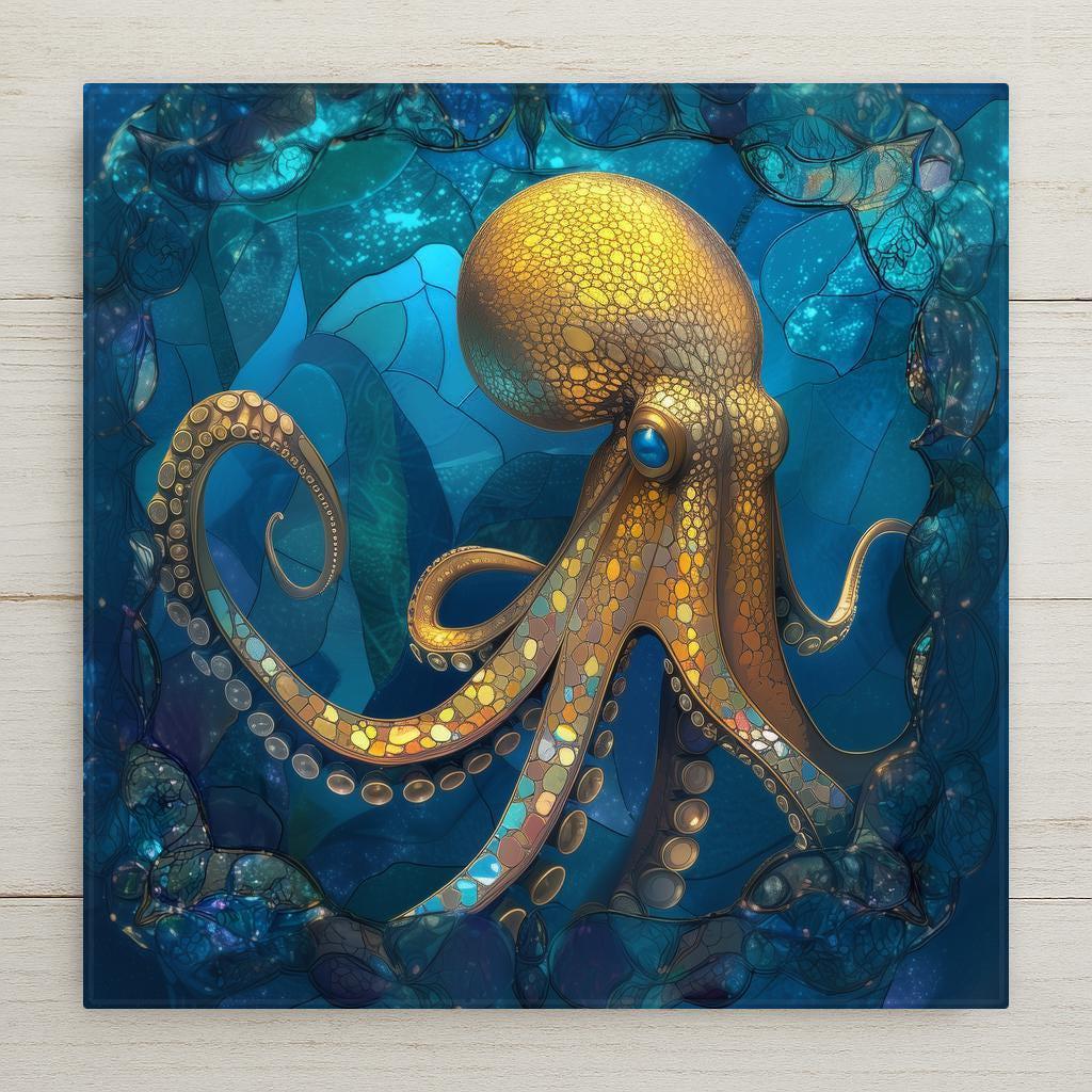 Stained glass style golden octopus ceramic tile with jewel-toned mosaic details framed by deep ocean blues. Coastal sea life wall art for nautical decor.