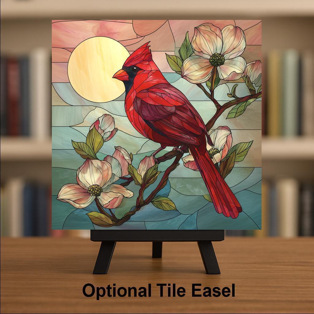 Cardinal Stained Glass Style Ceramic Art Tile – Dogwood Memorial Wall Decor, Sympathy Remembrance Gift