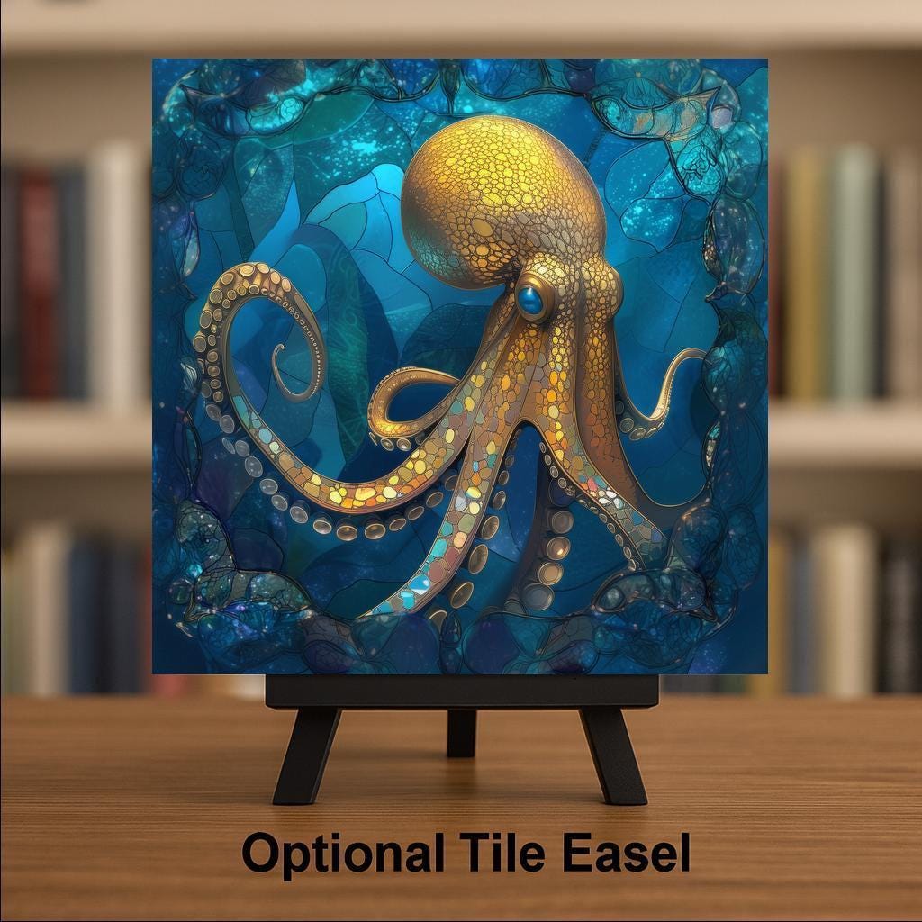 Octopus Stained Glass Style Ceramic Art Tile – Coastal Sea Life Wall Decor, Nautical Ocean Home Gift