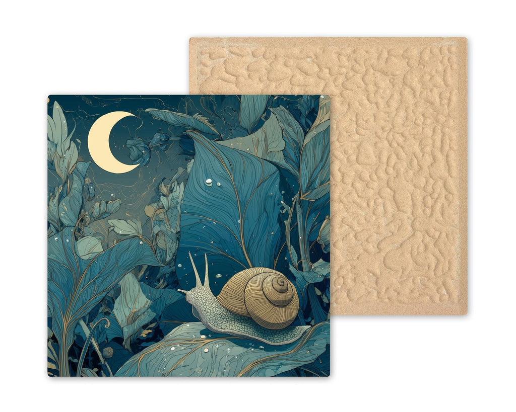 Moonlit Snail Ceramic Art Tile – Whimsical Night Garden Wall Decor, Cottagecore Nature Lover Gift