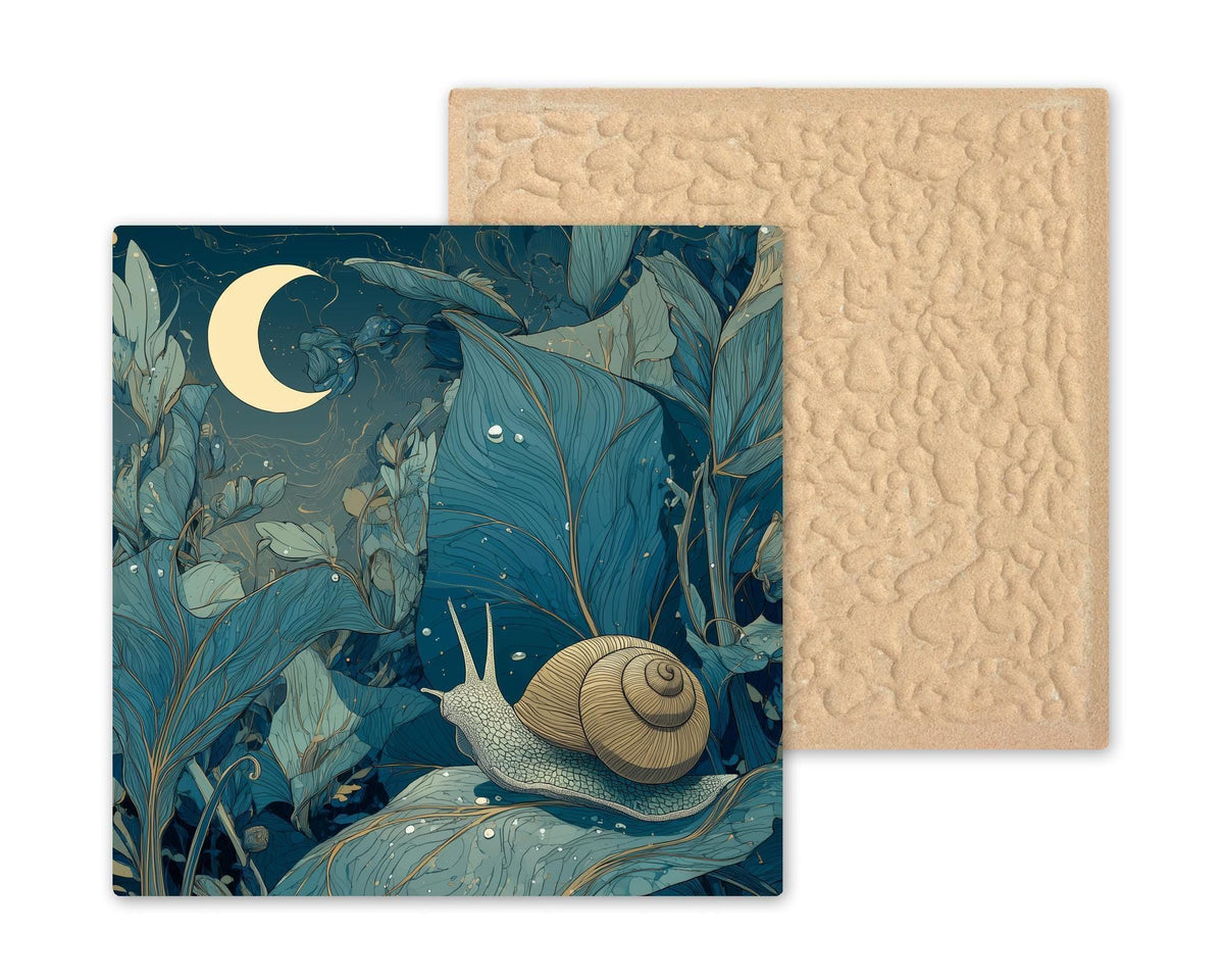 Moonlit Snail Ceramic Art Tile – Whimsical Night Garden Wall Decor, Cottagecore Nature Lover Gift