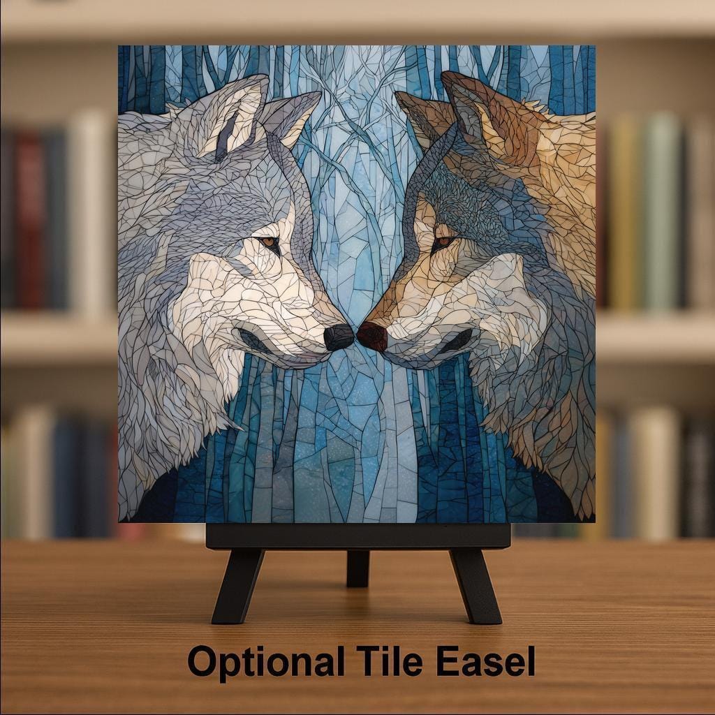 Wolf Pair Ceramic Art Tile – Couple Wolf Art, Meaningful Wildlife Gift, Wolf Lover Nature Decor, Romantic Art