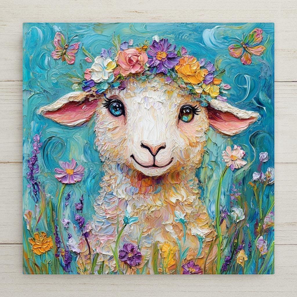 This Lamb Ceramic Tile features a whimsical sheep with big eyes, a pastel flower crown, butterflies, and wildflowers. A joyful spring decor piece or cottagecore gift. Optional tile wall hanger, cork backing, or stand available.