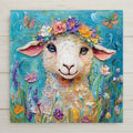 This Lamb Ceramic Tile features a whimsical sheep with big eyes, a pastel flower crown, butterflies, and wildflowers. A joyful spring decor piece or cottagecore gift. Optional tile wall hanger, cork backing, or stand available.