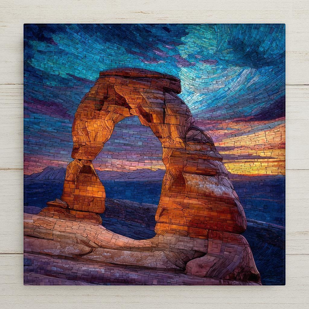 Delicate Arch ceramic tile wall art featuring the iconic rock formation in Arches National Park, Utah, shown at sunset in a stained glass style mosaic with warm sandstone tones and deep blue sky. Square desert landscape tile artwork suitable for wall or tabletop display with optional wall hanger, easel stand, cork backing, or premium frame.