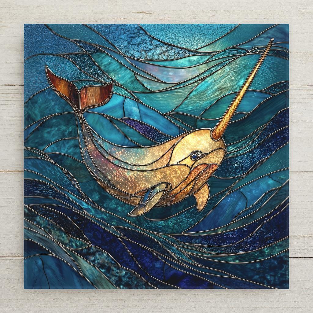 Stained glass style narwhal swimming through deep blue ocean waves with golden shimmering detail.