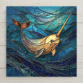 Stained glass style narwhal swimming through deep blue ocean waves with golden shimmering detail.