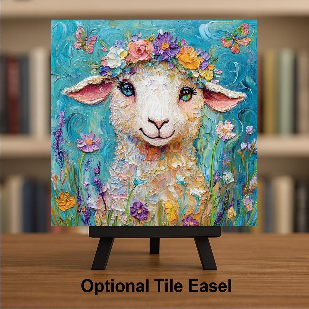 Flower Crown Lamb Wall Art Ceramic Tile Farmhouse Gift Colorful Decor Nature Art Lamb Lover Easter Gift Tile