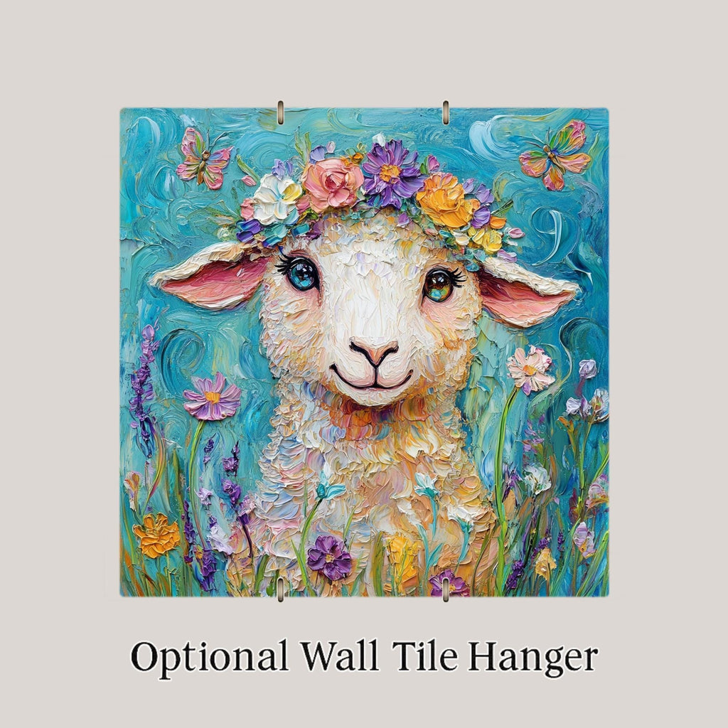 Flower Crown Lamb Wall Art Ceramic Tile Farmhouse Gift Colorful Decor Nature Art Lamb Lover Easter Gift Tile