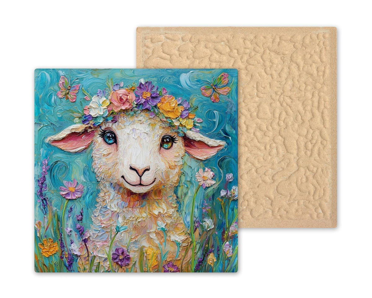 Flower Crown Lamb Wall Art Ceramic Tile Farmhouse Gift Colorful Decor Nature Art Lamb Lover Easter Gift Tile