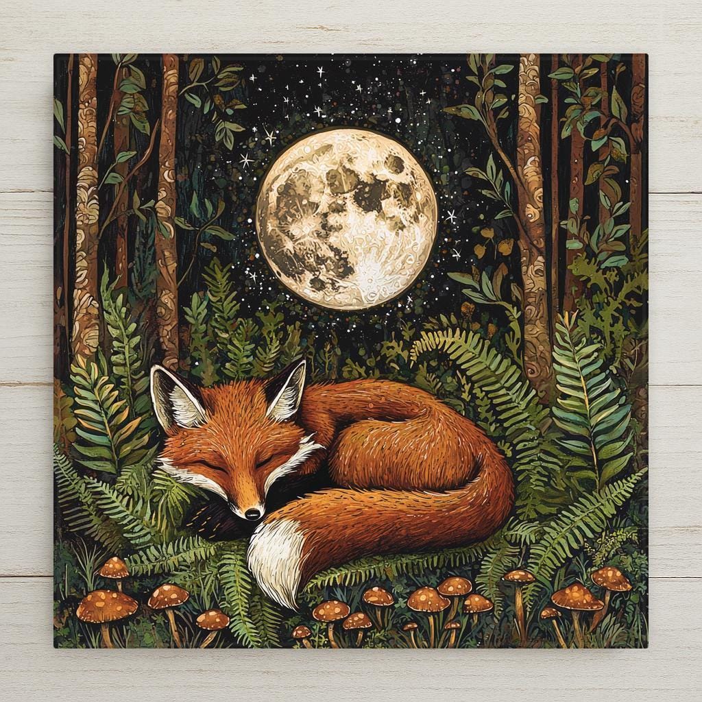 A peaceful red fox sleeps beneath a full moon, surrounded by forest ferns and mushrooms. This folk art ceramic tile makes a perfect woodland-themed gift or cozy wall accent. Ideal for fox lovers and nature-inspired spaces. Optional tile wall hanger and tile stand available.