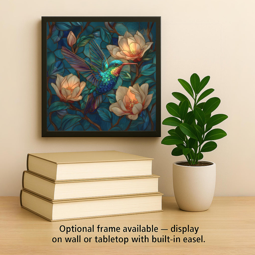 Hummingbird Stained Glass Style Ceramic Art Tile – Magnolia Botanical Wall Decor, Garden Bird Lover Gift